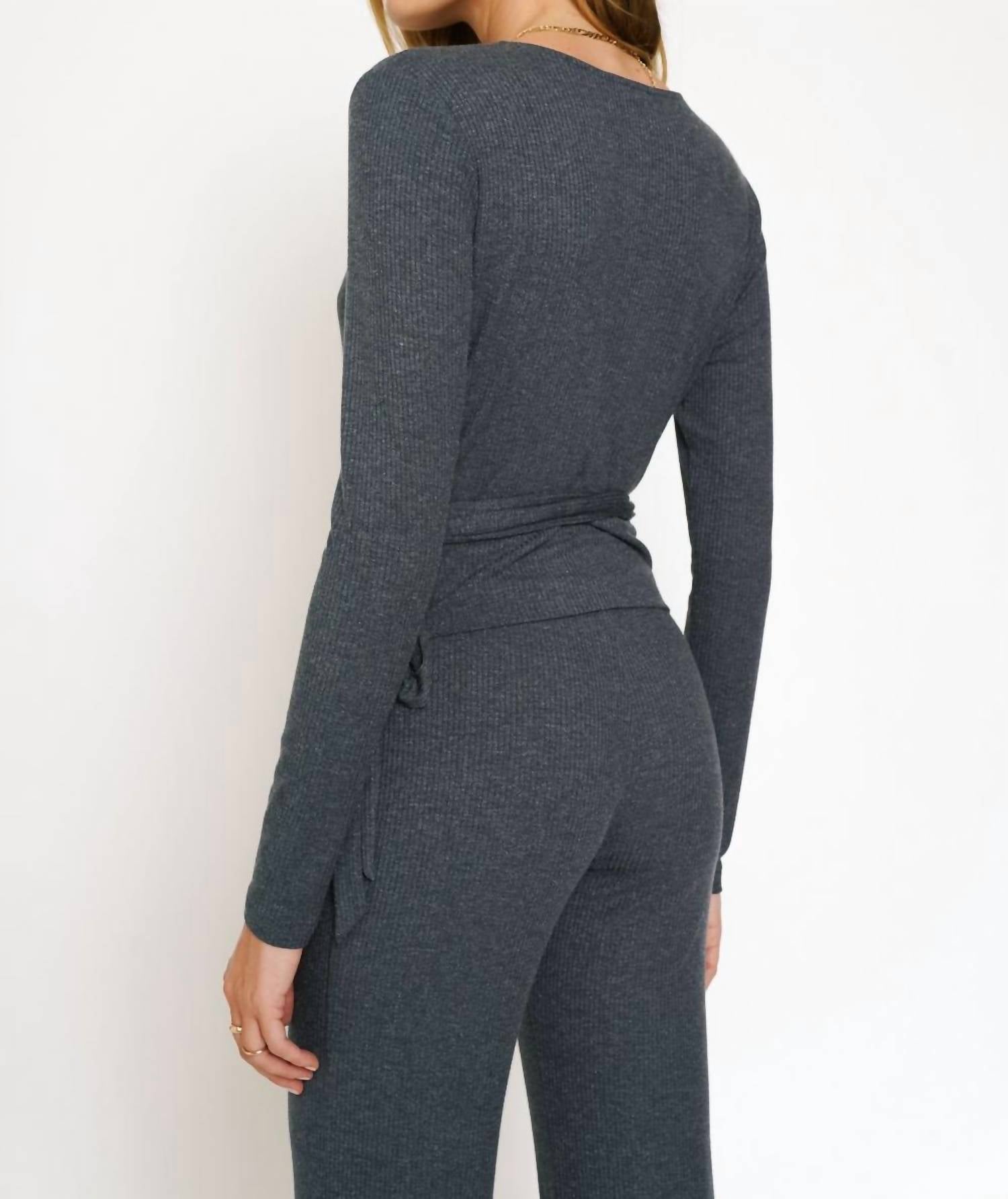 Wrap Tie Front Long Sleeve Rib Top In Deep Blue