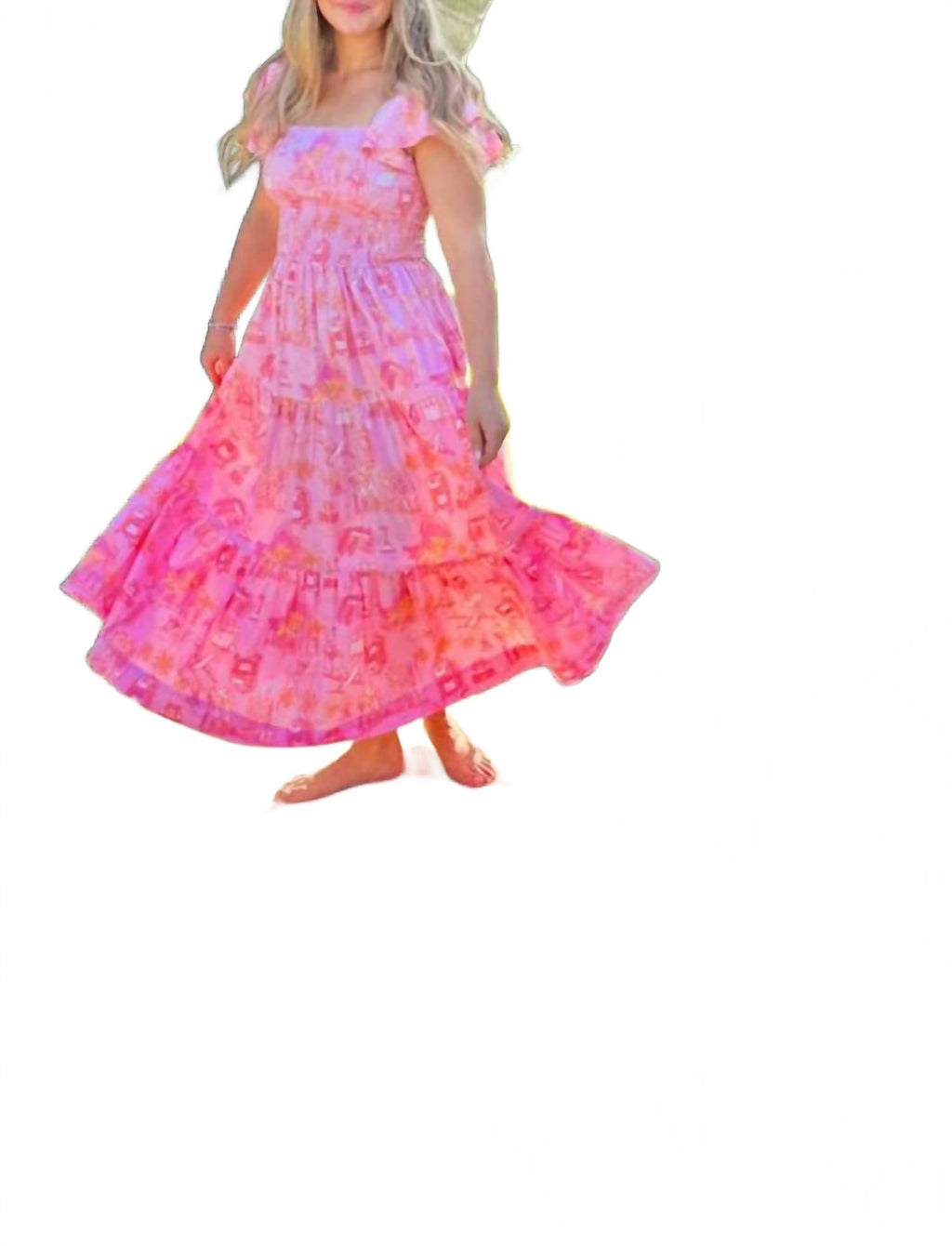 Smocked Flutter Sleeve Maxi Dress In Sunset Toile