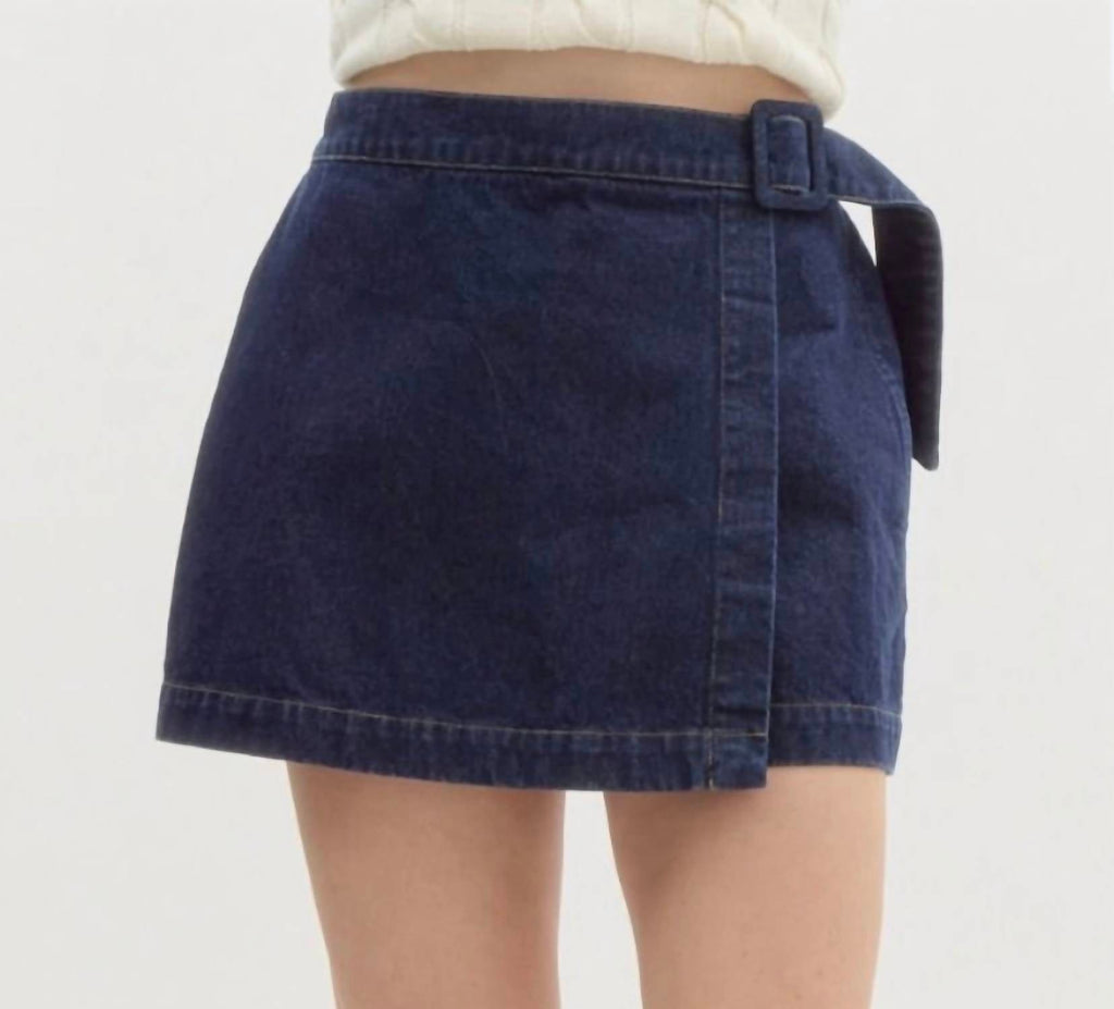Wrap Belted Skort In Denim