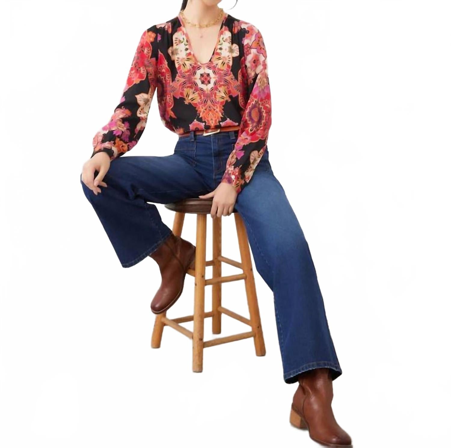 Lavinia Long Sleeve Shirred Blouse In Multi