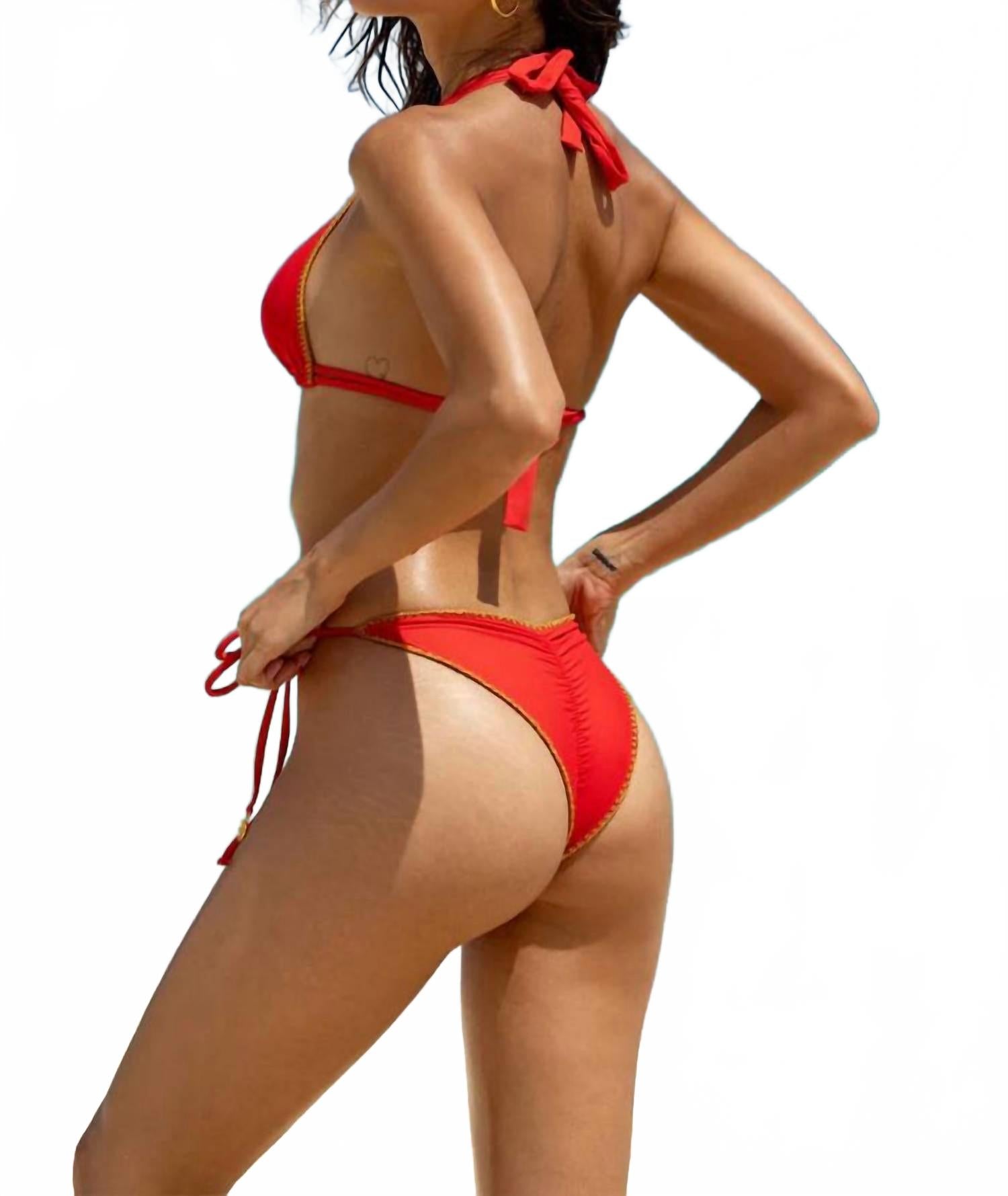Wavy Ruched Back Brazilian Tie Side Bikini Bottom In Red