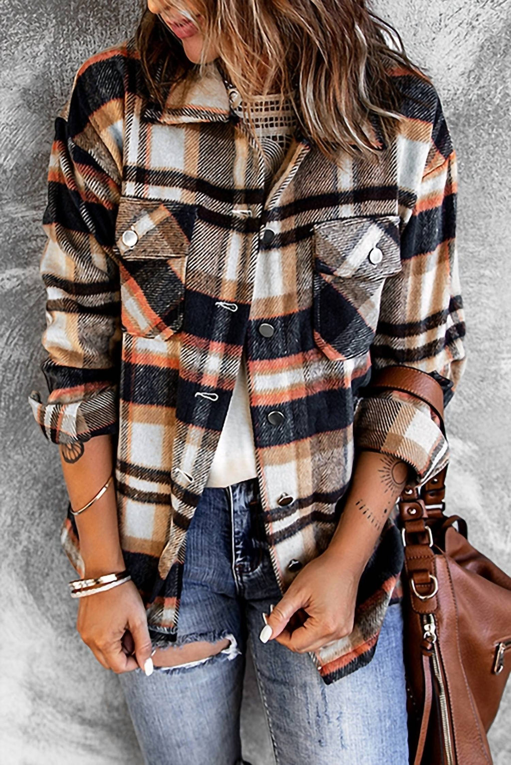 Multicolor Plaid Casual Button Up Jacket In Blue