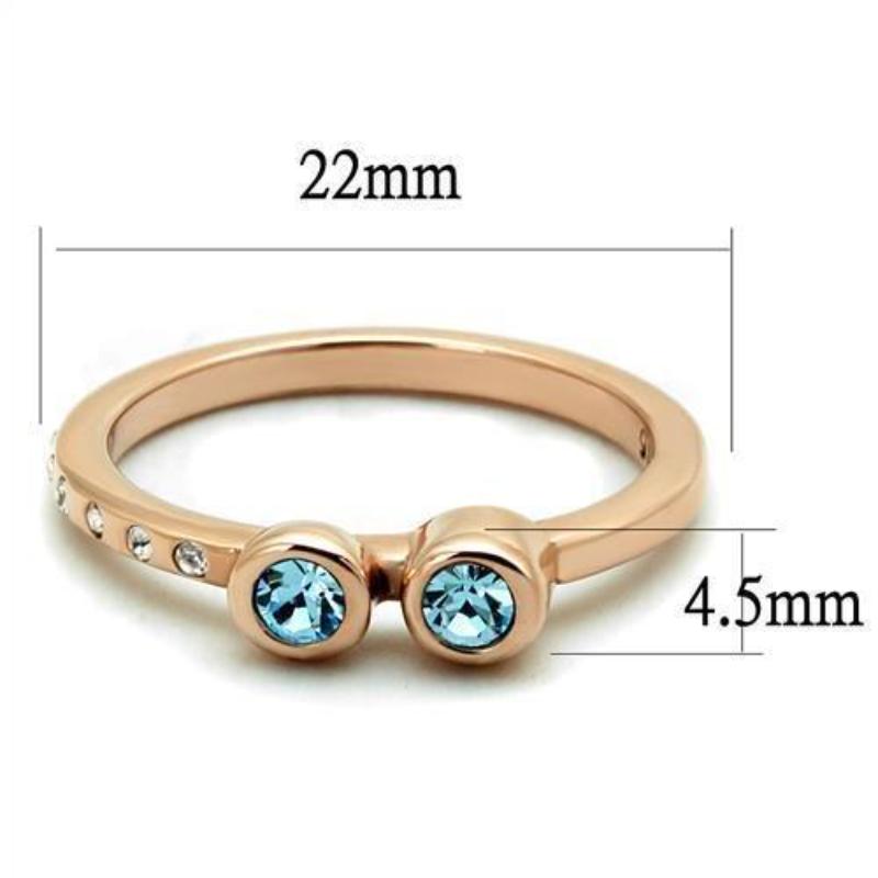 IP Rose Gold(Ion Plating) Stainless Steel Ring with Top Grade Crystal in Sea Blue