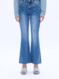 High Waist Raw Hem Flare Jeans In Medium Blue