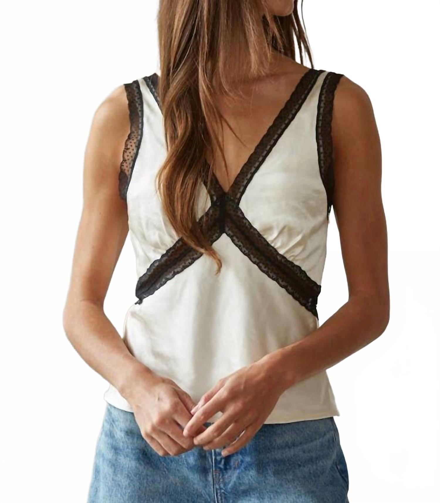 Woven Contrast Lace Sleeveless Top In Pearl