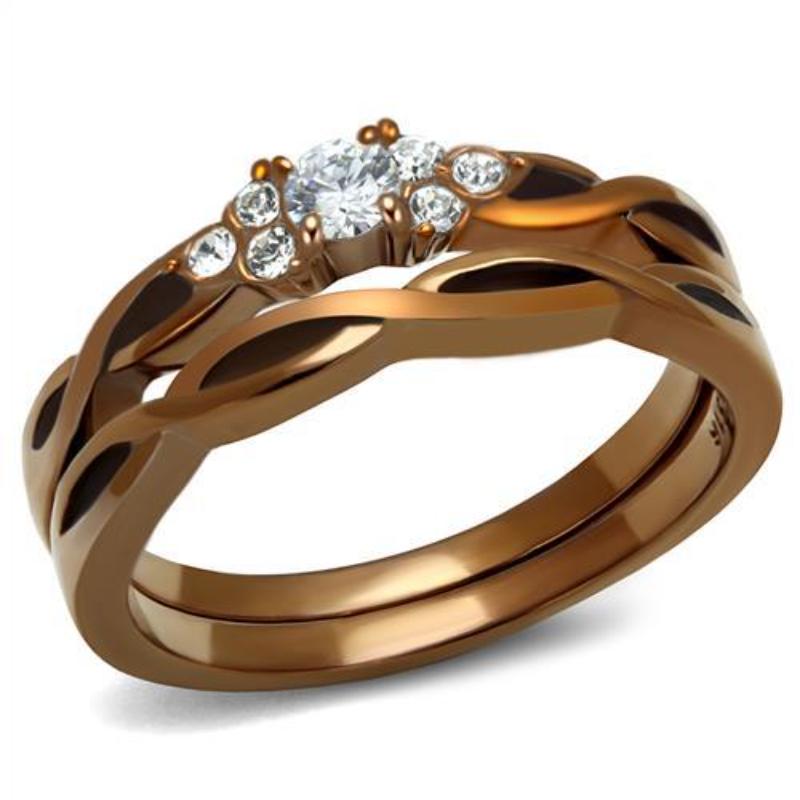IP Coffee light Stainless Steel Ring with AAA Grade CZ in Clear