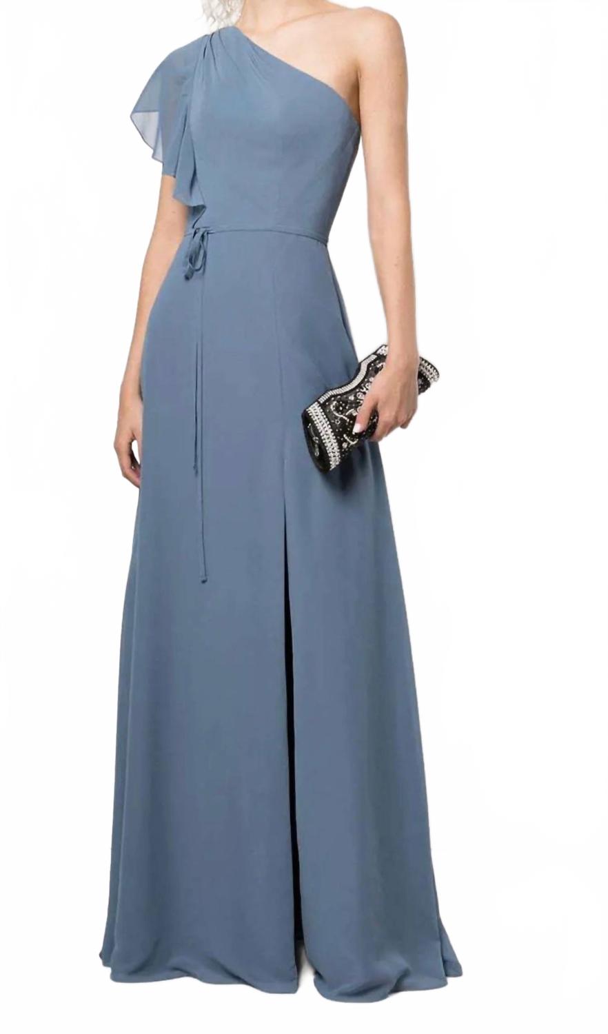 Gathered One Shoulder Gown In Slate Blue