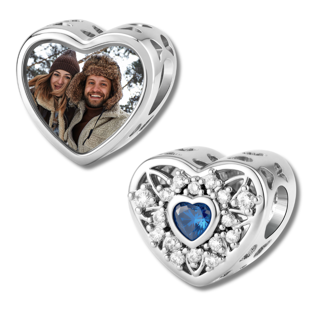 Personalized Photo & Heart Birthstone Halo Charm