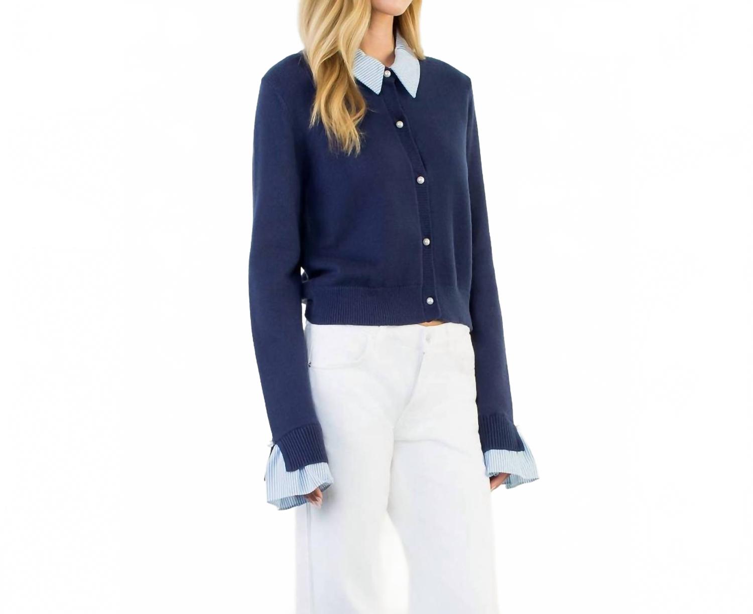 Pearl Button Mixed Media Collared Knit Top In Blue