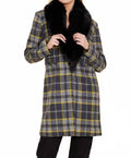 Long Plaid Coat With Detachable Fur Collar In Yellow/grey