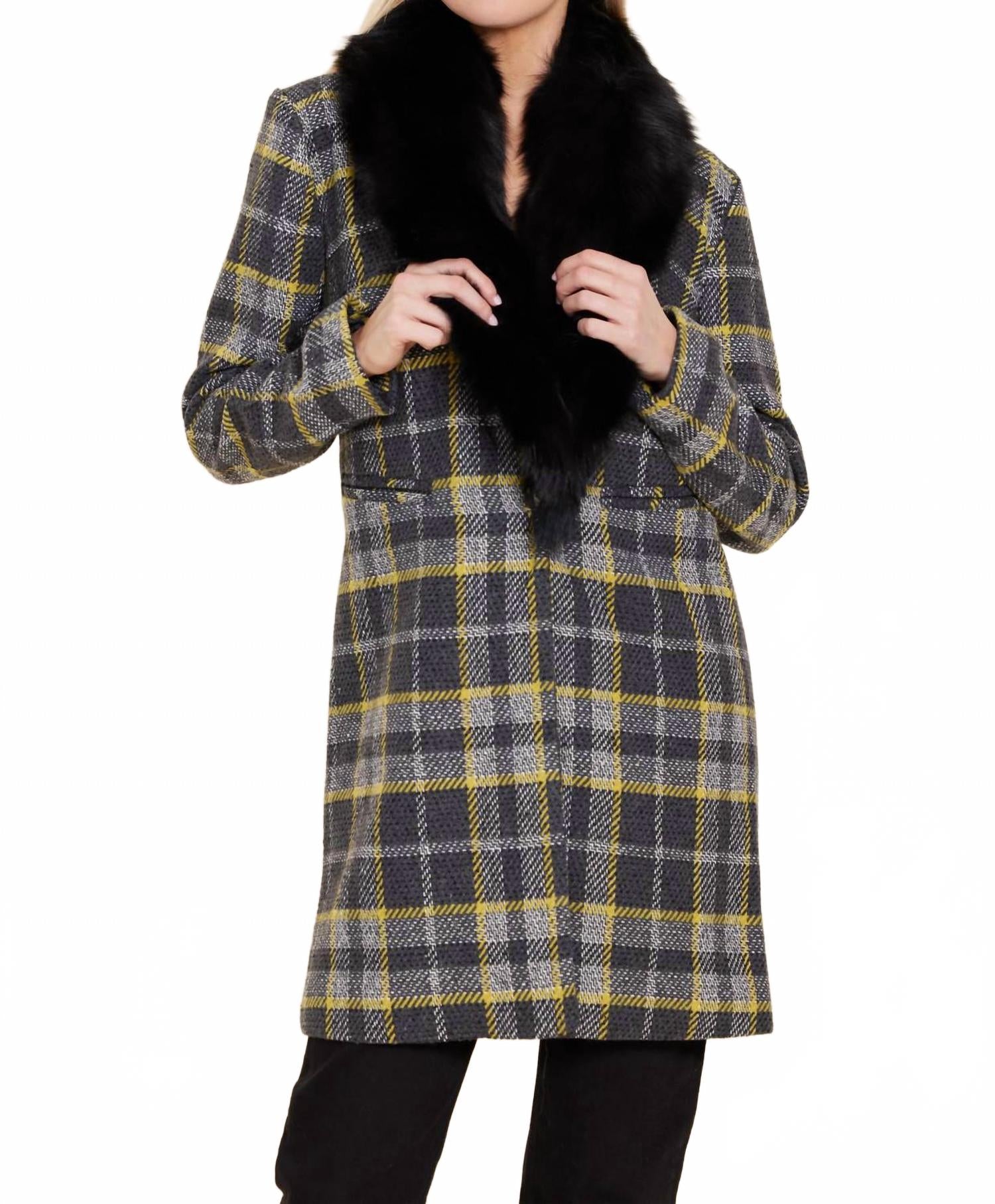 Long Plaid Coat With Detachable Fur Collar In Yellow/grey