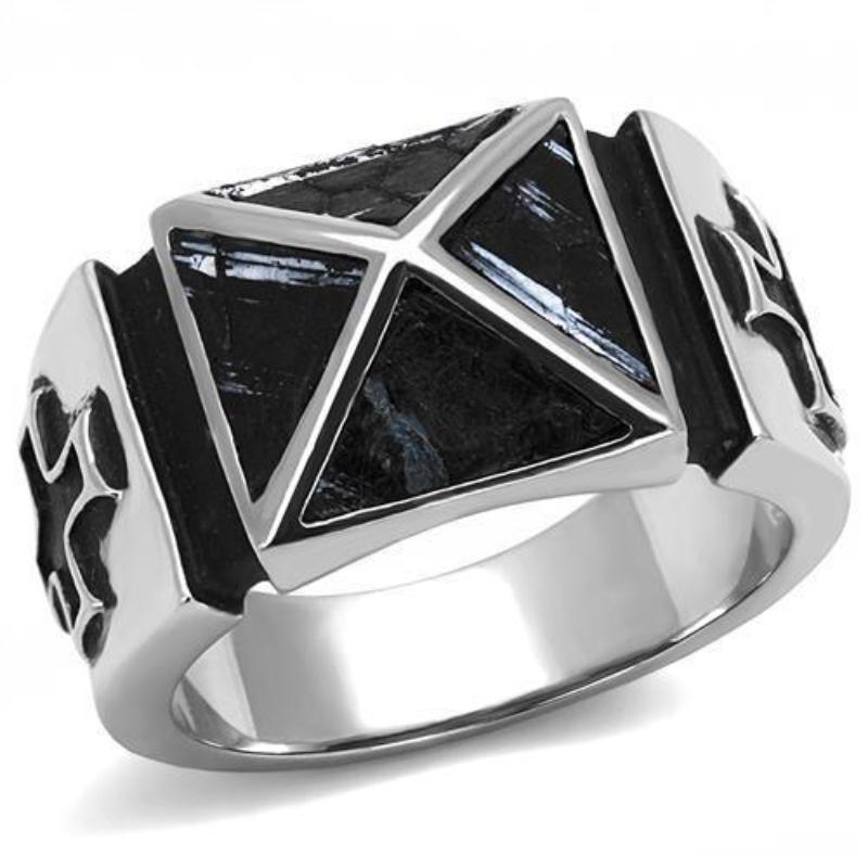 High polished (no plating) Stainless Steel Ring with Leather in Jet