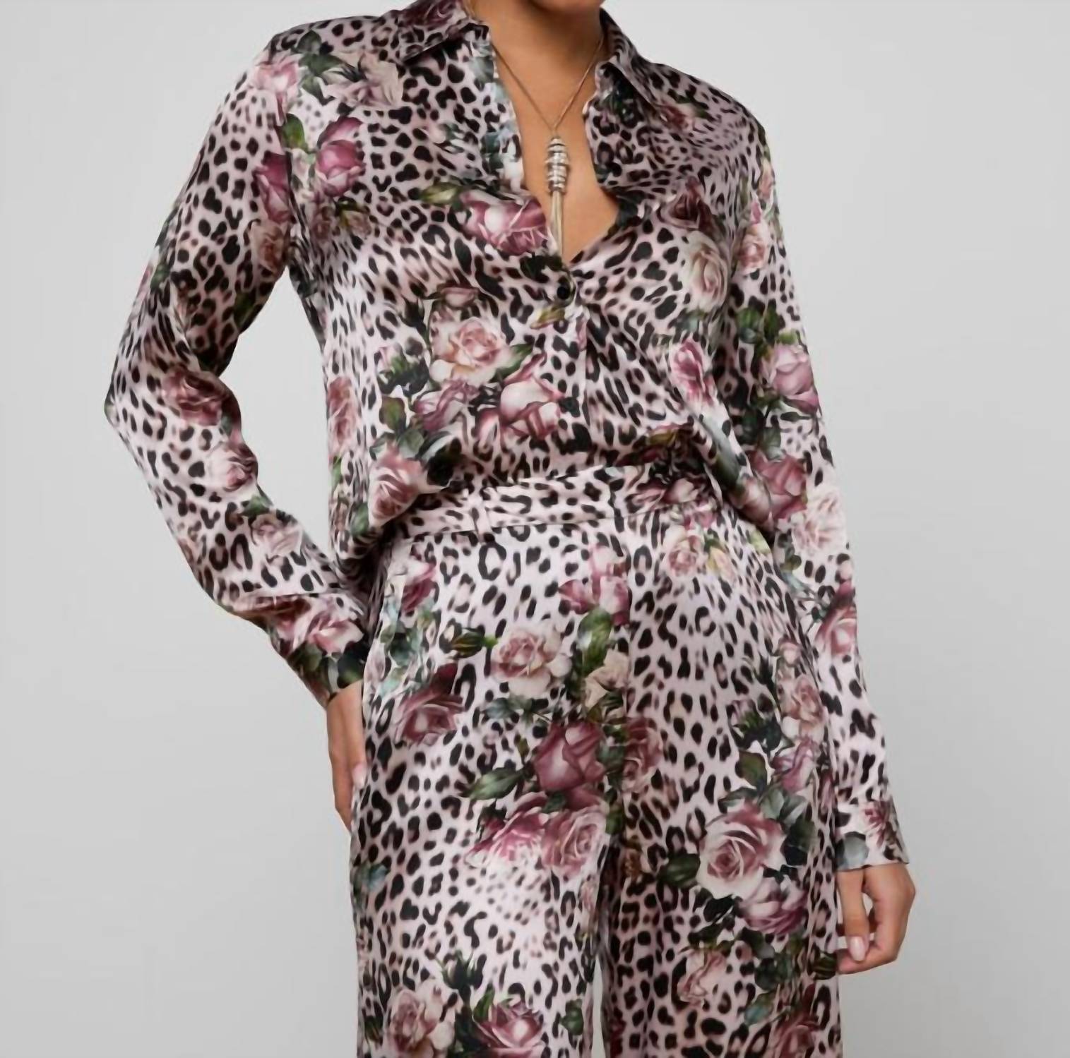 Tyler Long Sleeve Blouse In Multi Rose Cheetah