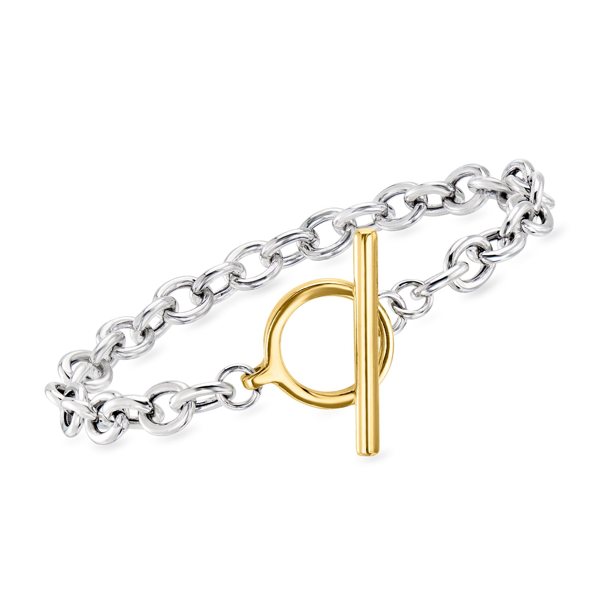 Ross-Simons Sterling Silver and 18kt Gold Over Sterling Cable-Chain Toggle Bracelet
