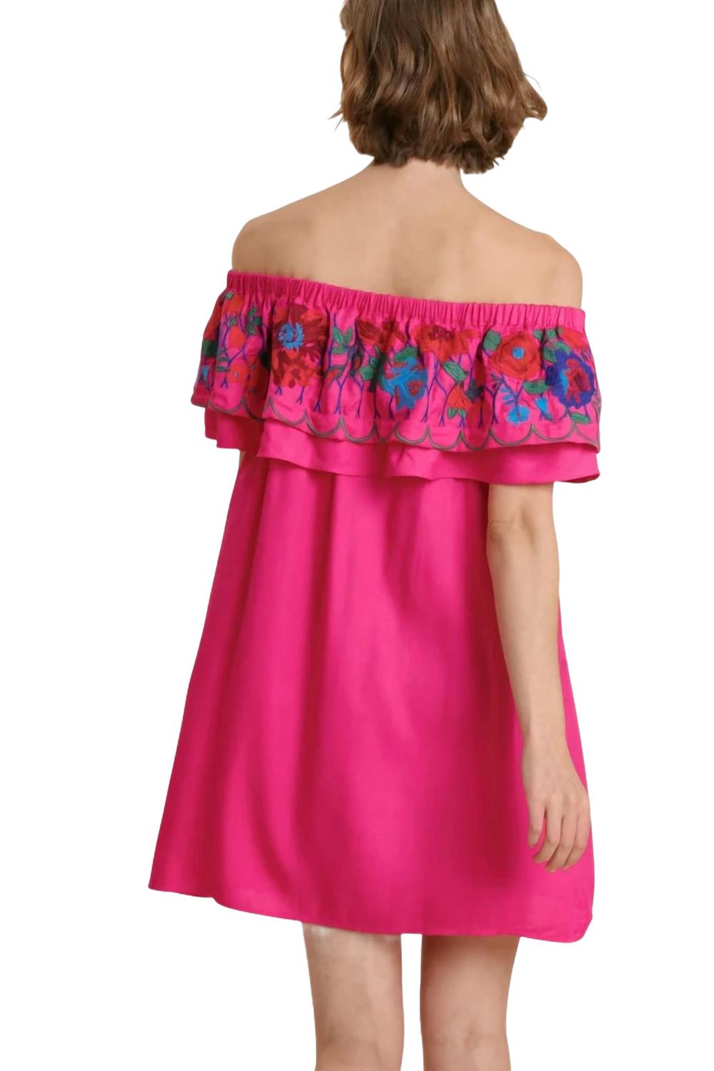 Floral Embroidered Ruffled Dress In Fuchsia