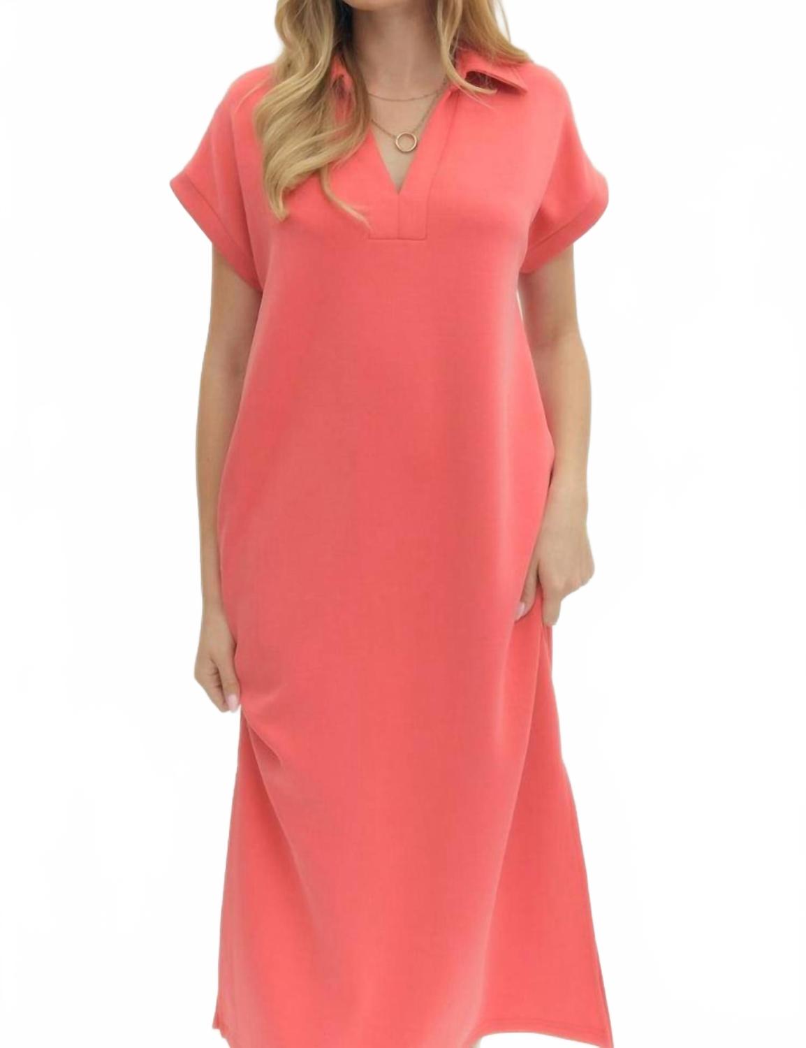 Solid Knit Split Collar Short Sleeve Midi Dress In Coral