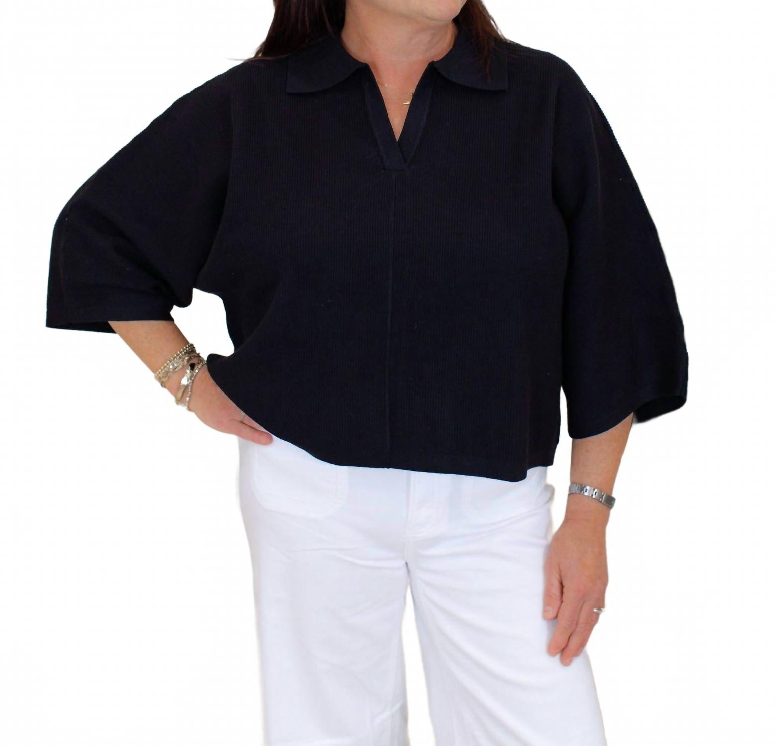 Solid V-Neck Collared Top In Black