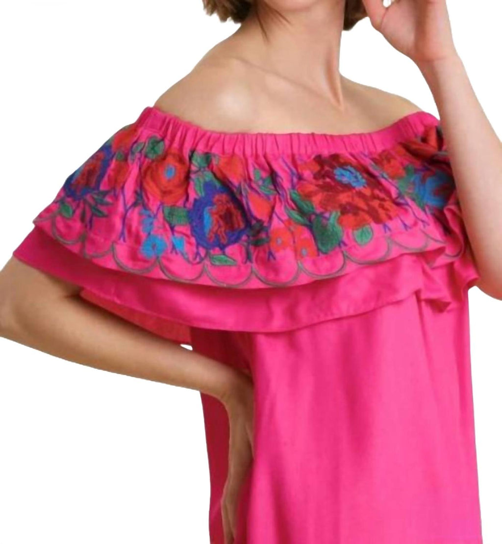 Floral Embroidered Ruffled Dress In Fuchsia