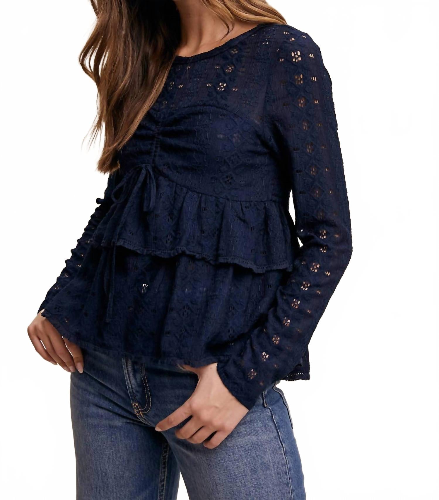 Stretch Lace Tiered Blouse With Drawstring Detail In Navy