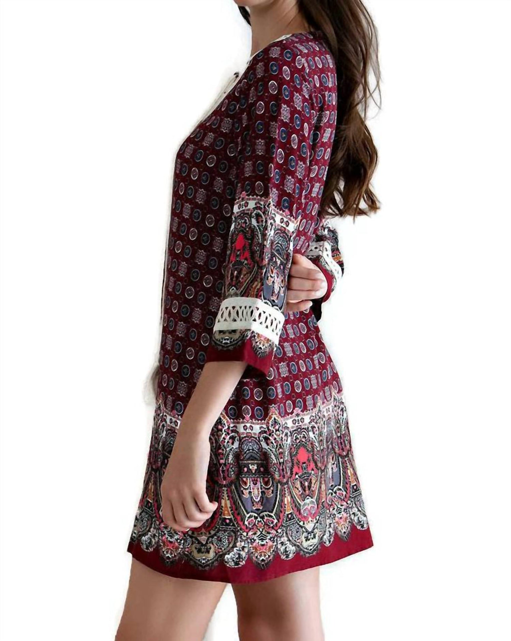 Border Print Tassel Tie Mini Dress In Burgundy
