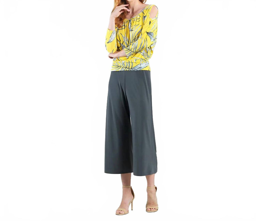 Open Shoulder Blouson Waist Top In Yellow Print