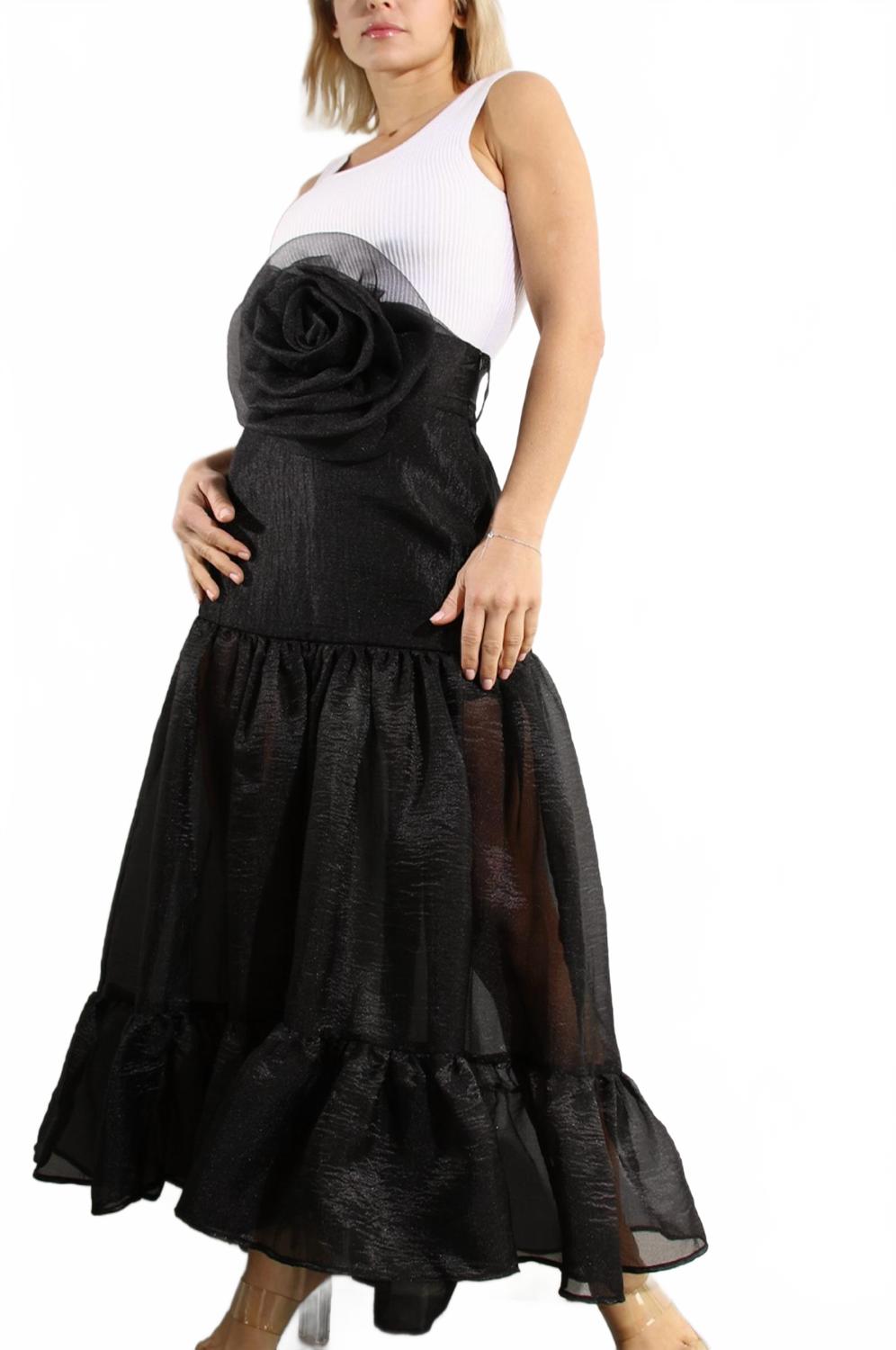 Flower Belt Organza Maxi Skirt In Black