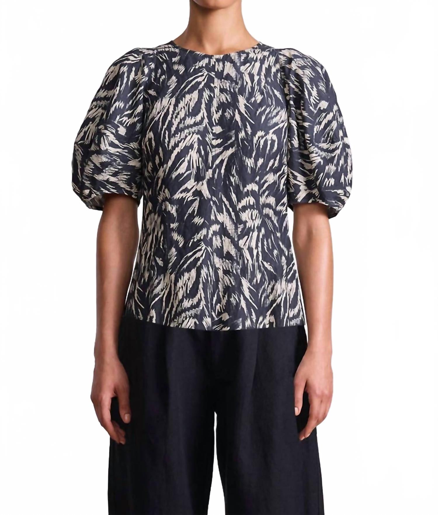 Lino High Neck Top In Abstract Animal Midnight
