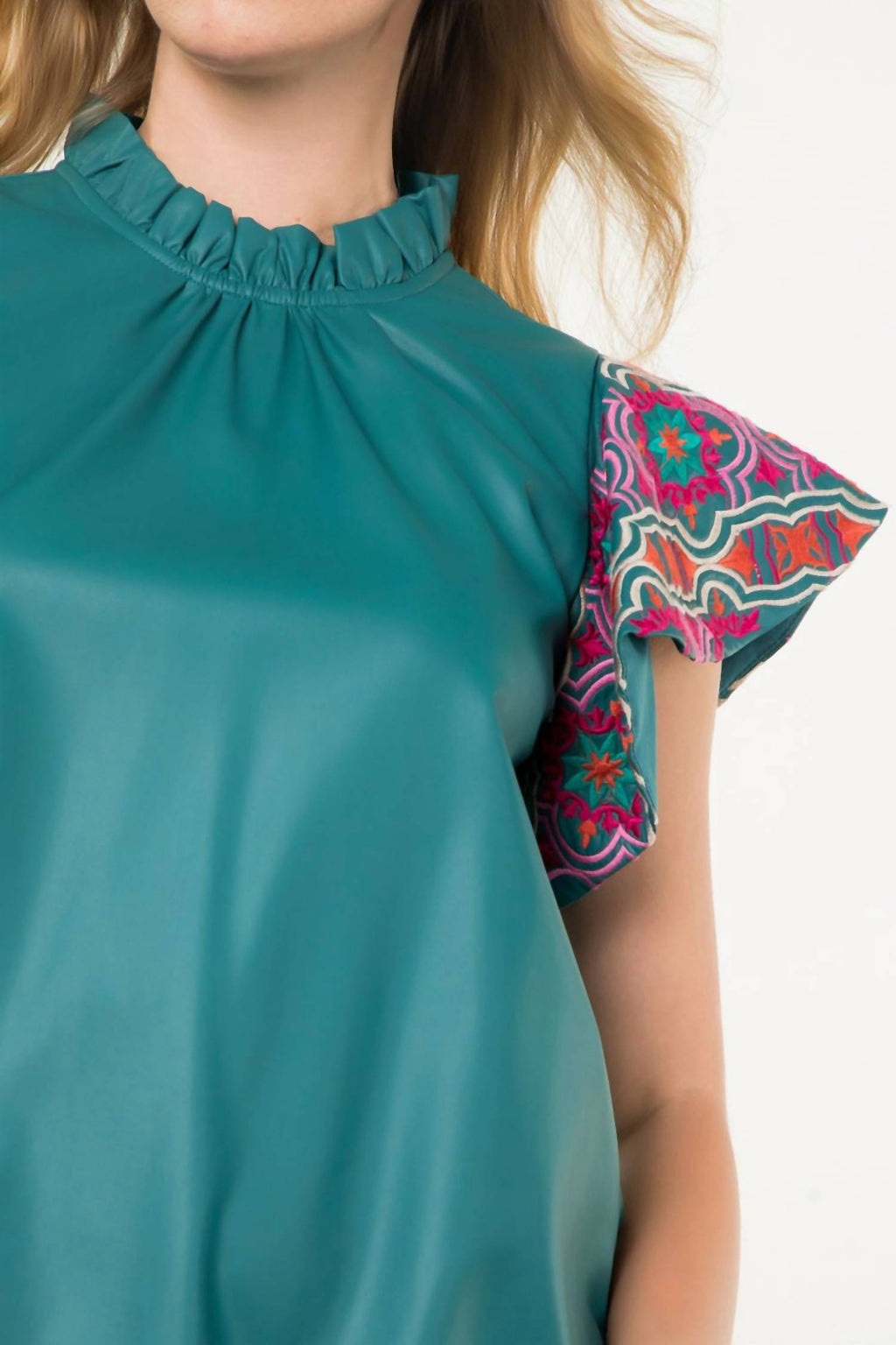 Embroidered Flutter Sleeve Leather Top In Teal