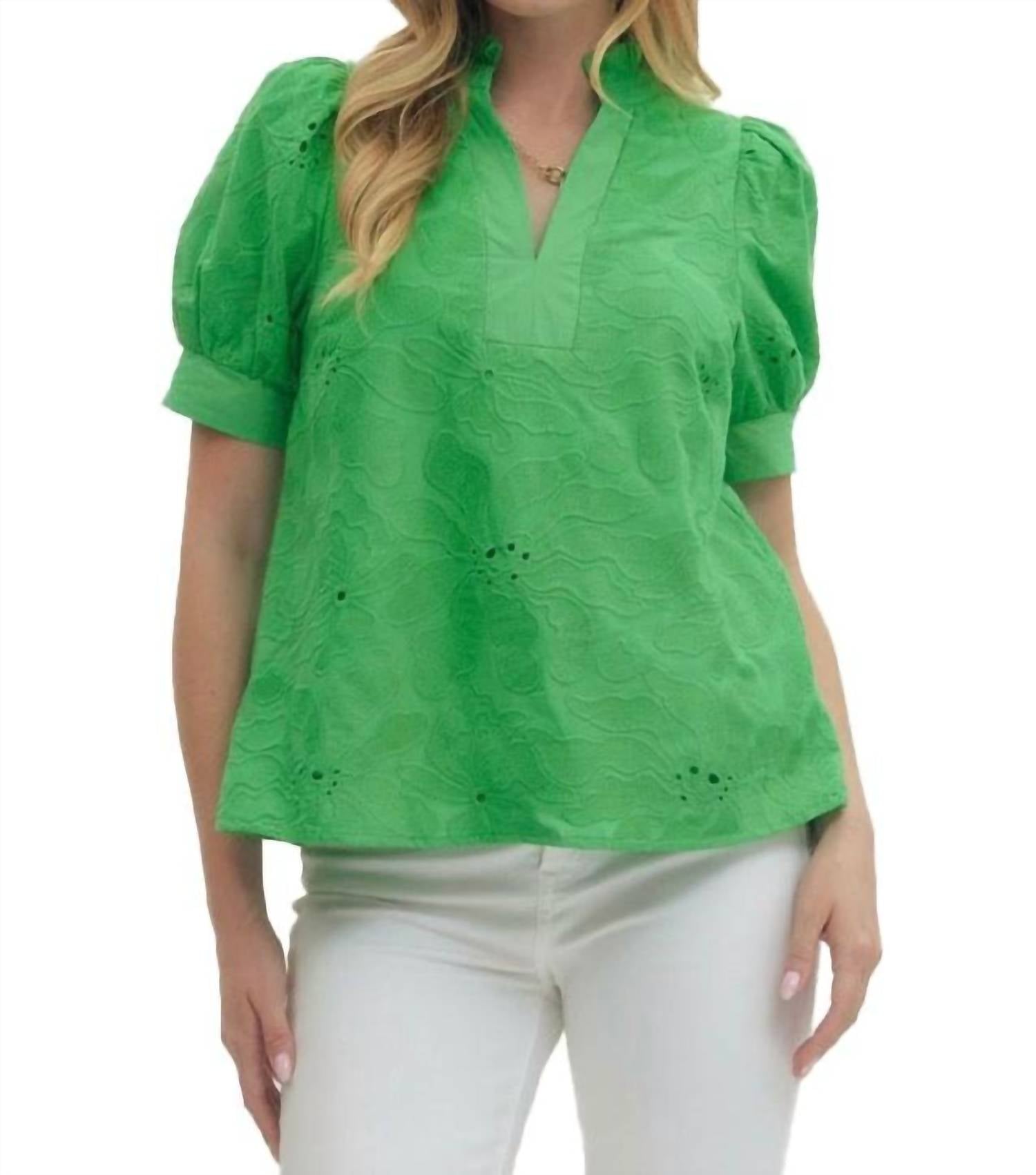 Floral Embroidered V-Neck Puff Sleeve Top In Green