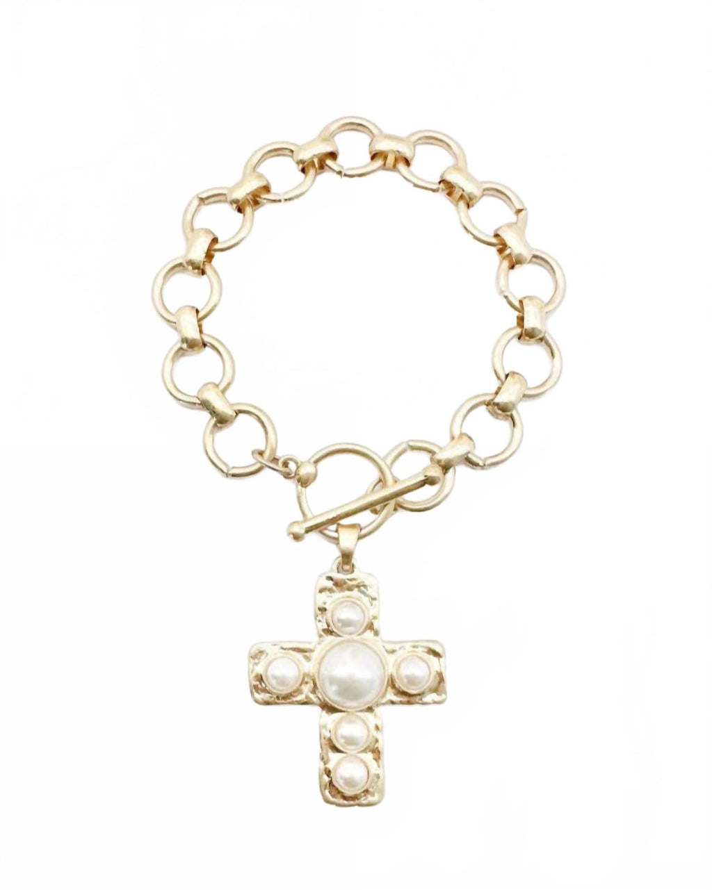 Women's Pearl Cross Charm Toggle Bracelet In Gold