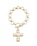 Women's Pearl Cross Charm Toggle Bracelet In Gold