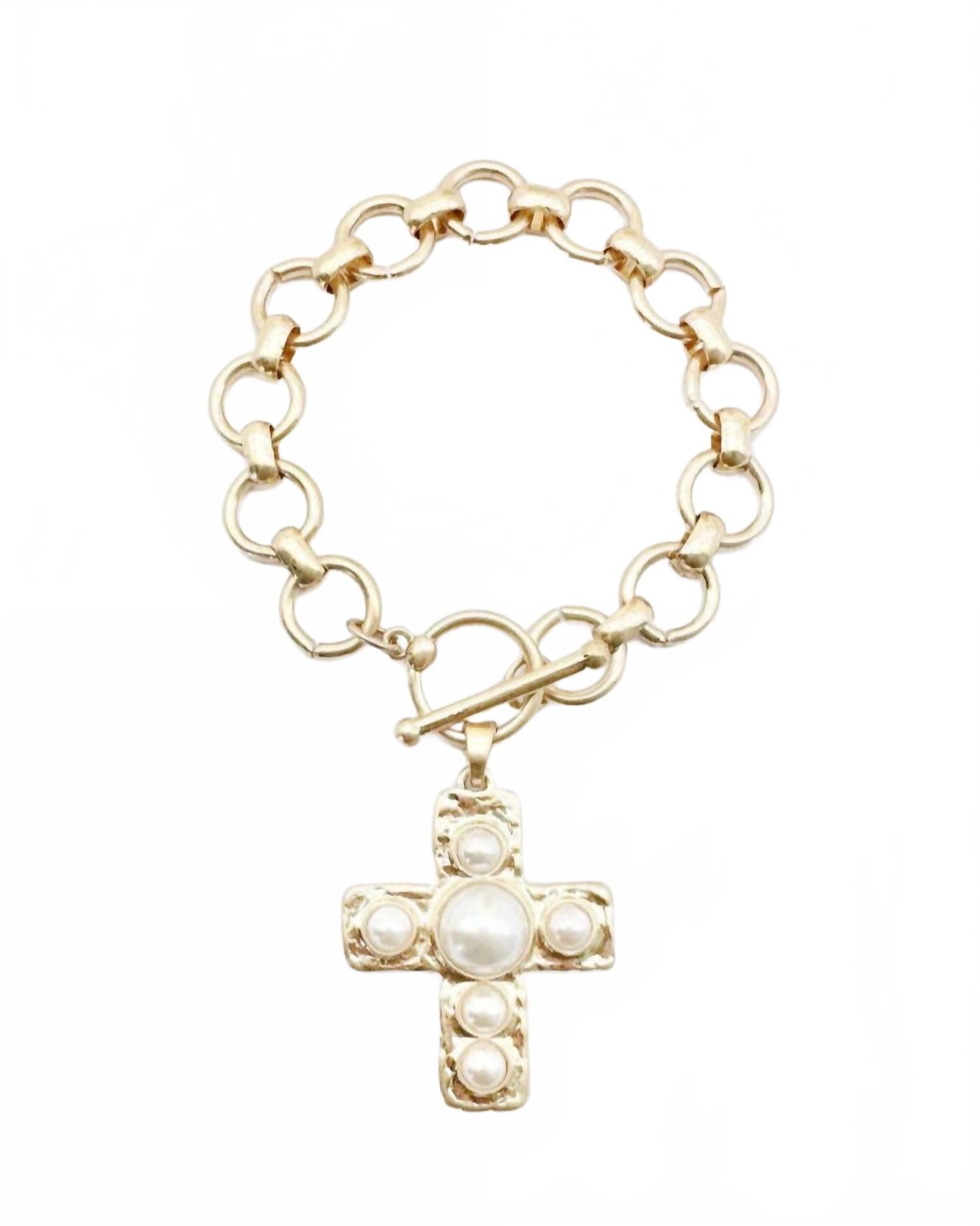 Women's Pearl Cross Charm Toggle Bracelet In Gold