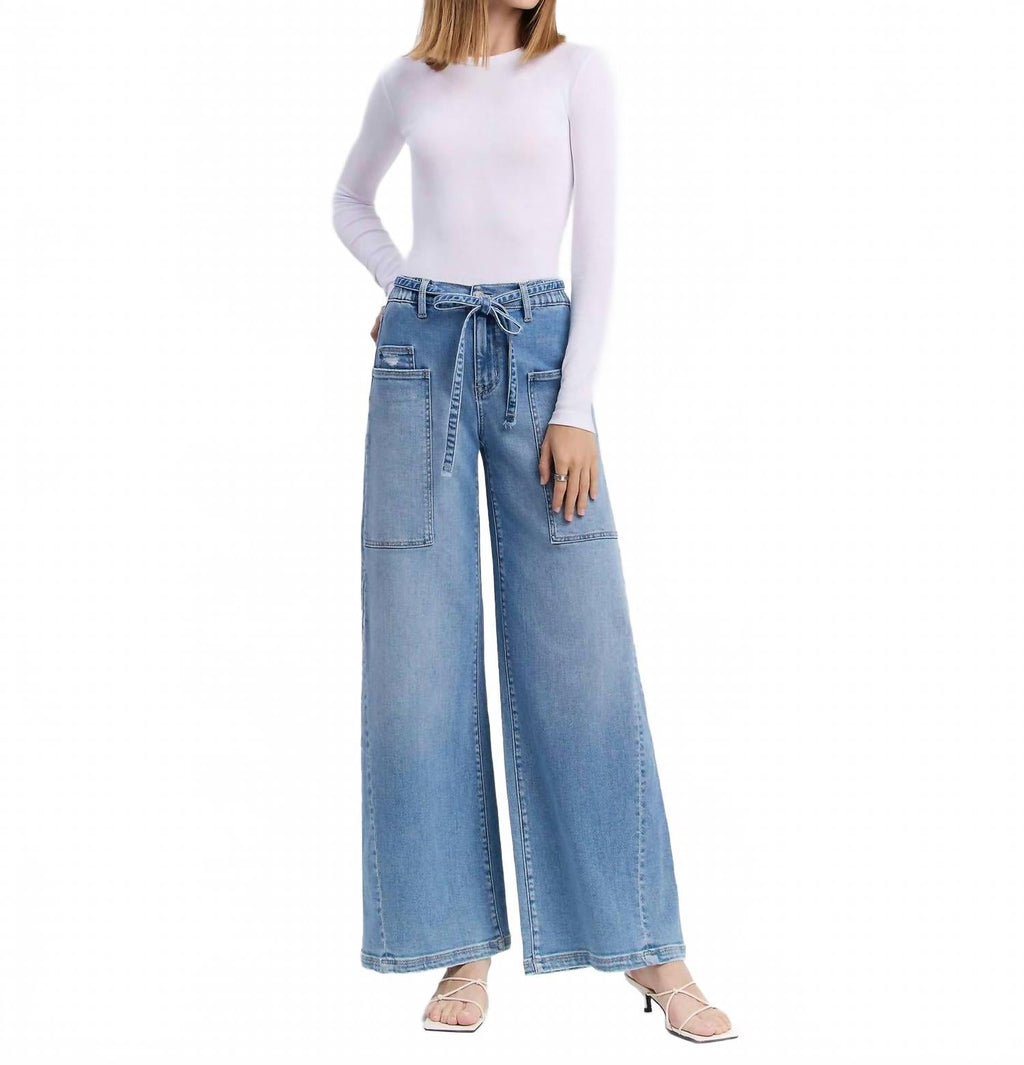 Carmen High Rise Elastic Tie Waistband Baggy Wide Jeans In Light Wash