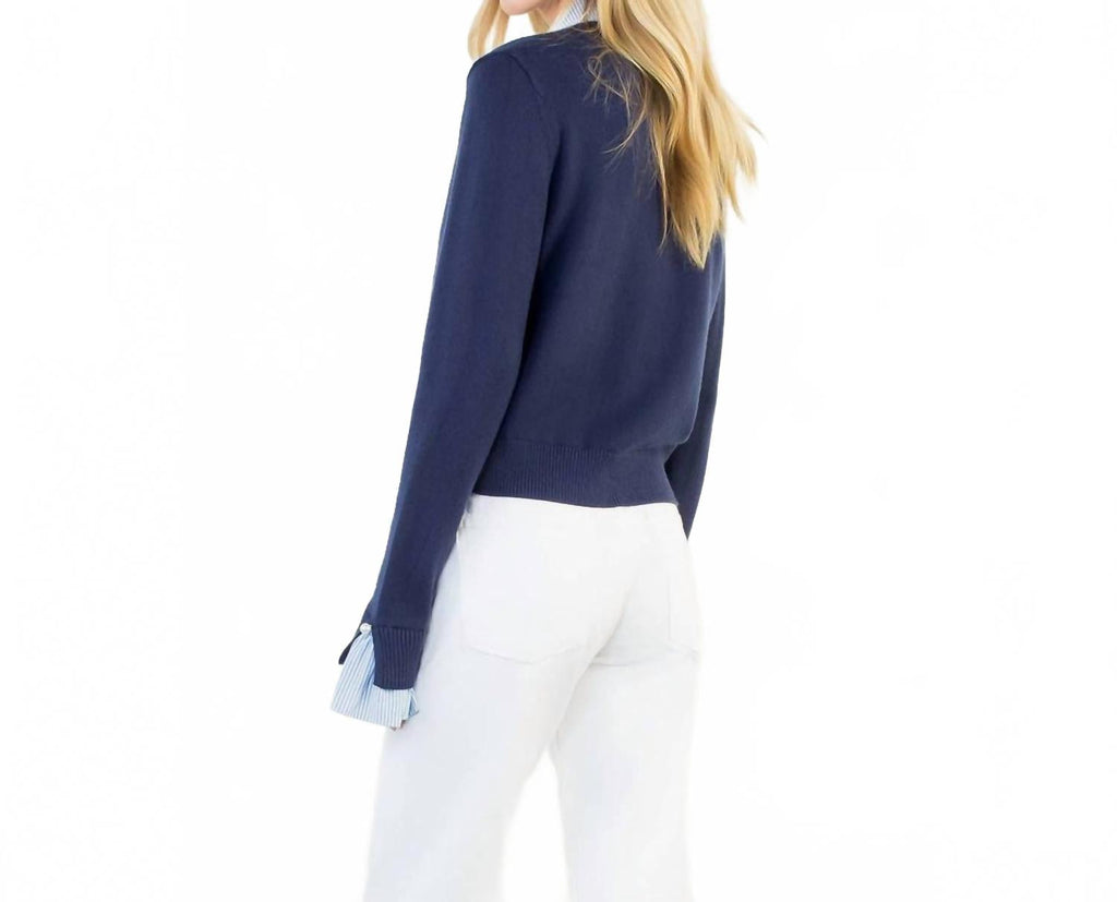 Pearl Button Mixed Media Collared Knit Top In Blue