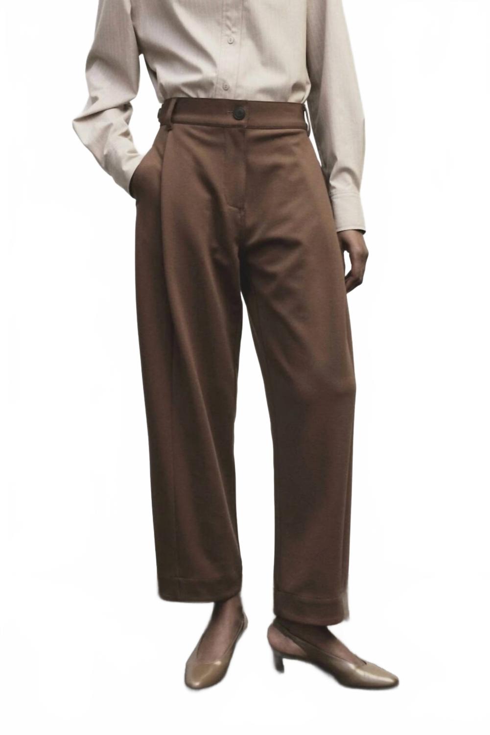 Pleated Barrel Leg Pants In Brown