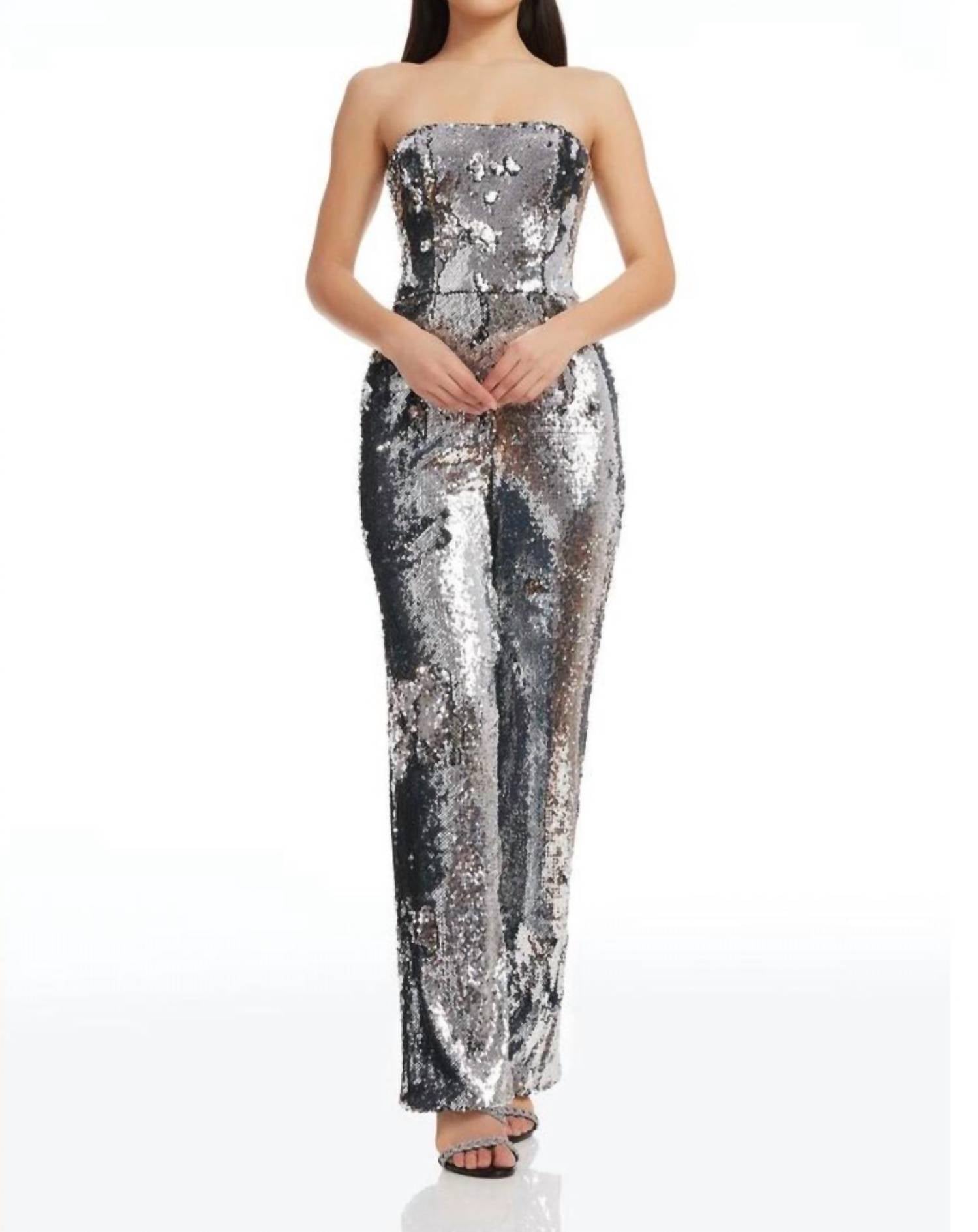 Andy Sequin Strapless Jumpsuit In Silver