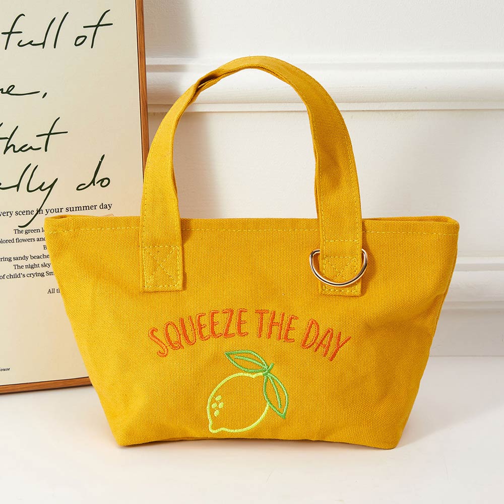 Squeeze Day Lemon Embroidered Small Canvas Tote Bag
