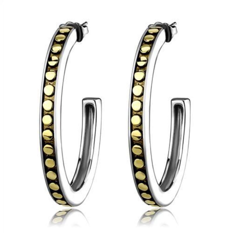 Two-Tone IP Gold (Ion Plating) Stainless Steel Earrings with Epoxy in Jet