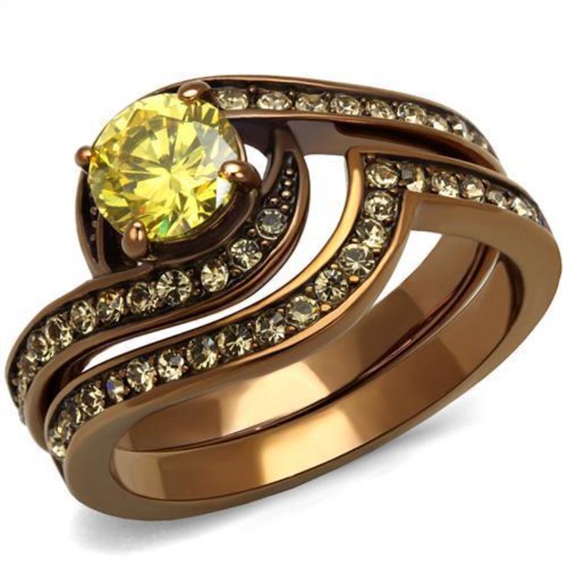 IP Coffee light Stainless Steel Ring with AAA Grade CZ in Topaz