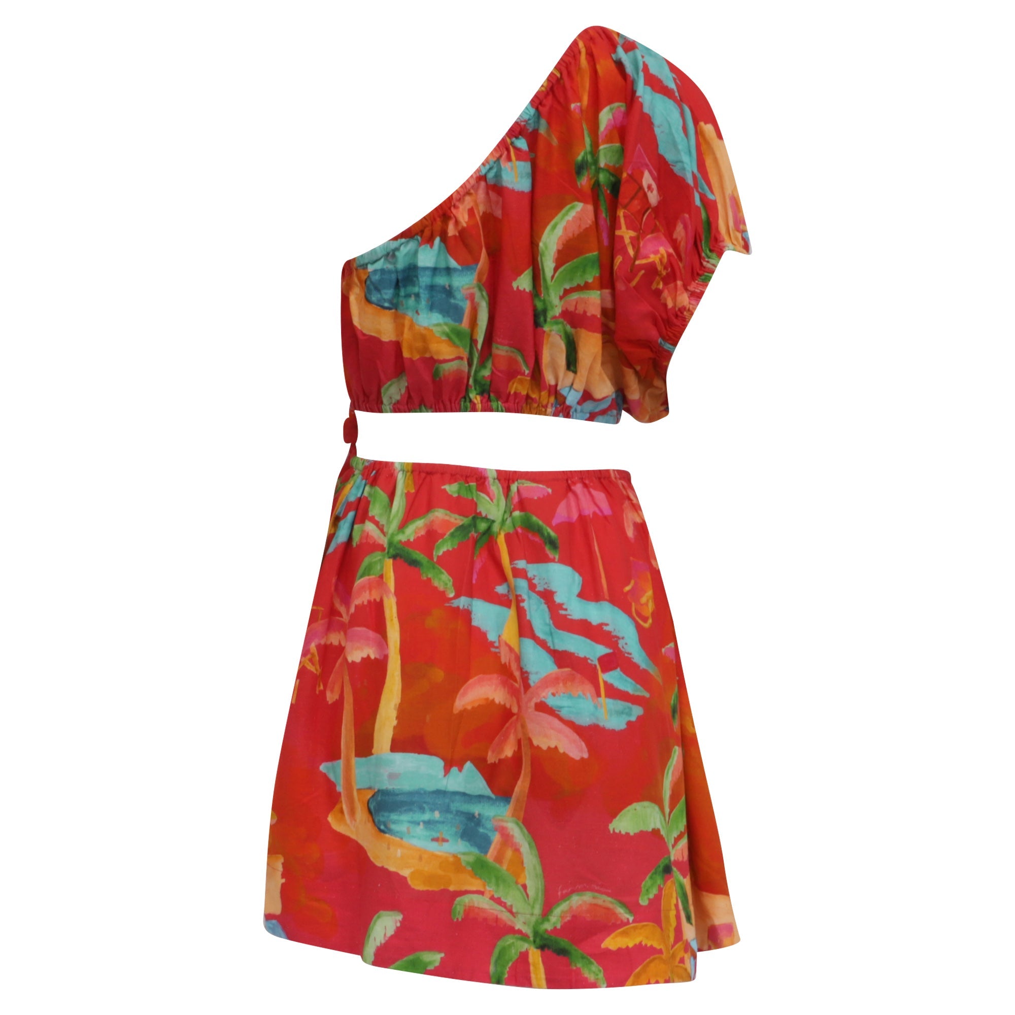 Farm Rio Ipanema One Shoulder Mini Dress in Red Linen