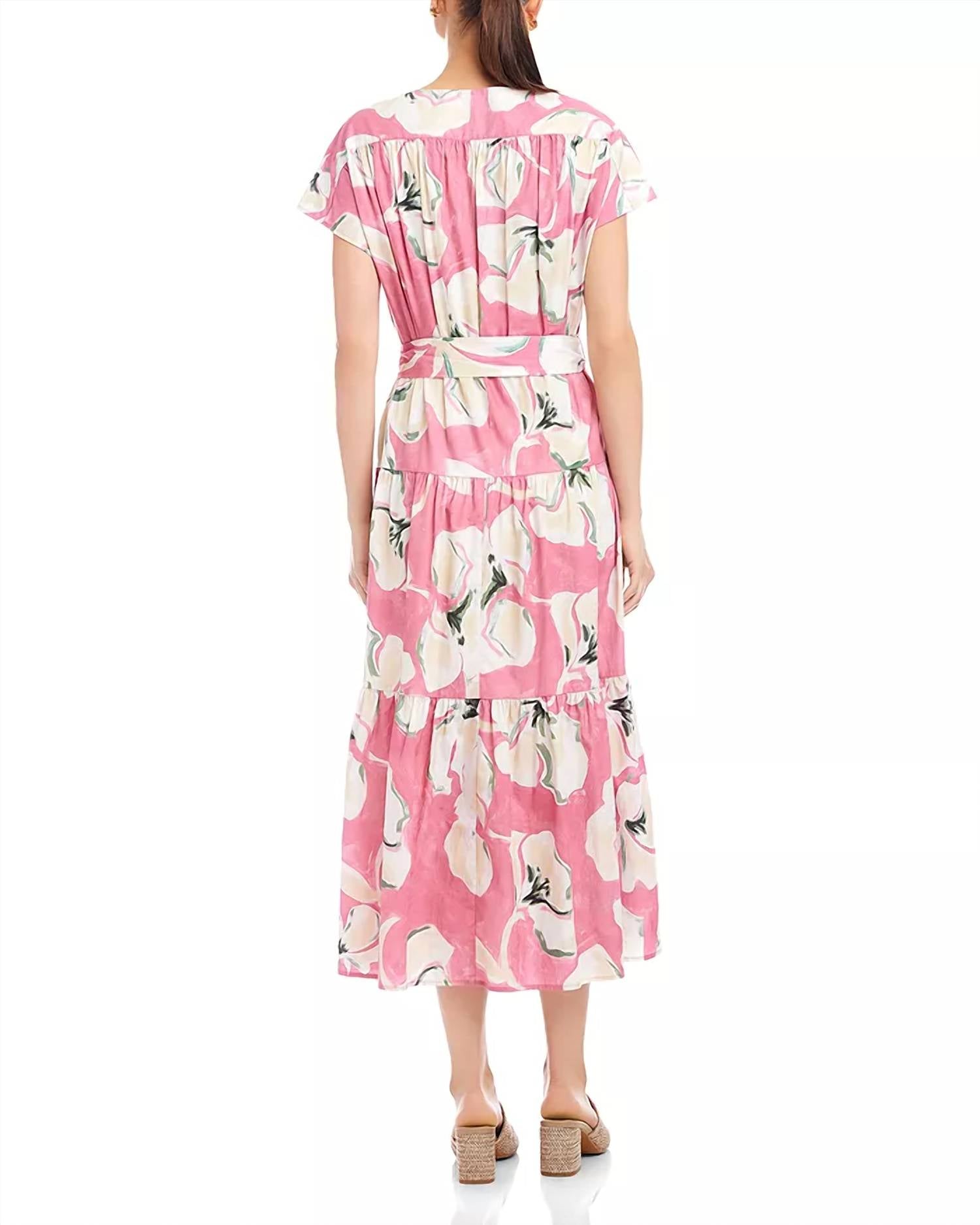 Kristine Tiered Front Slit Midi Dress In Pink Floral