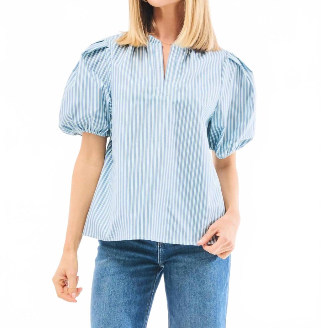 Lainey Short Puff Sleeve Top In Simple Stripe Blue/green