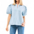 Lainey Short Puff Sleeve Top In Simple Stripe Blue/green
