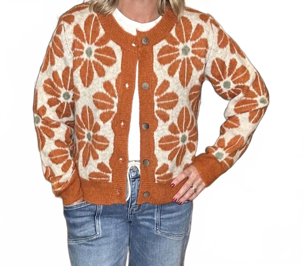 Floral Cardigan Sweater In Rust