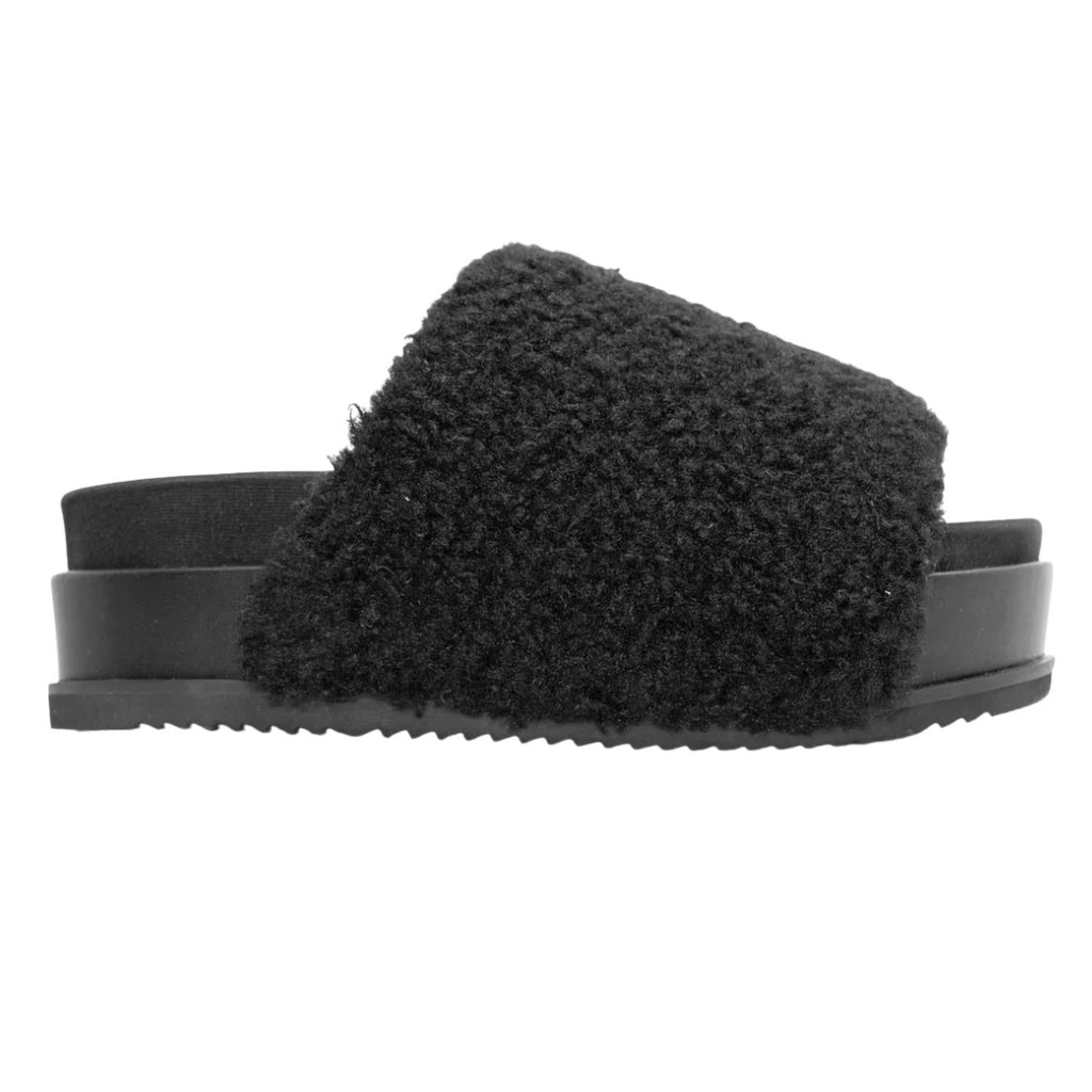 Women's Fuzzy Platform Slide In Black