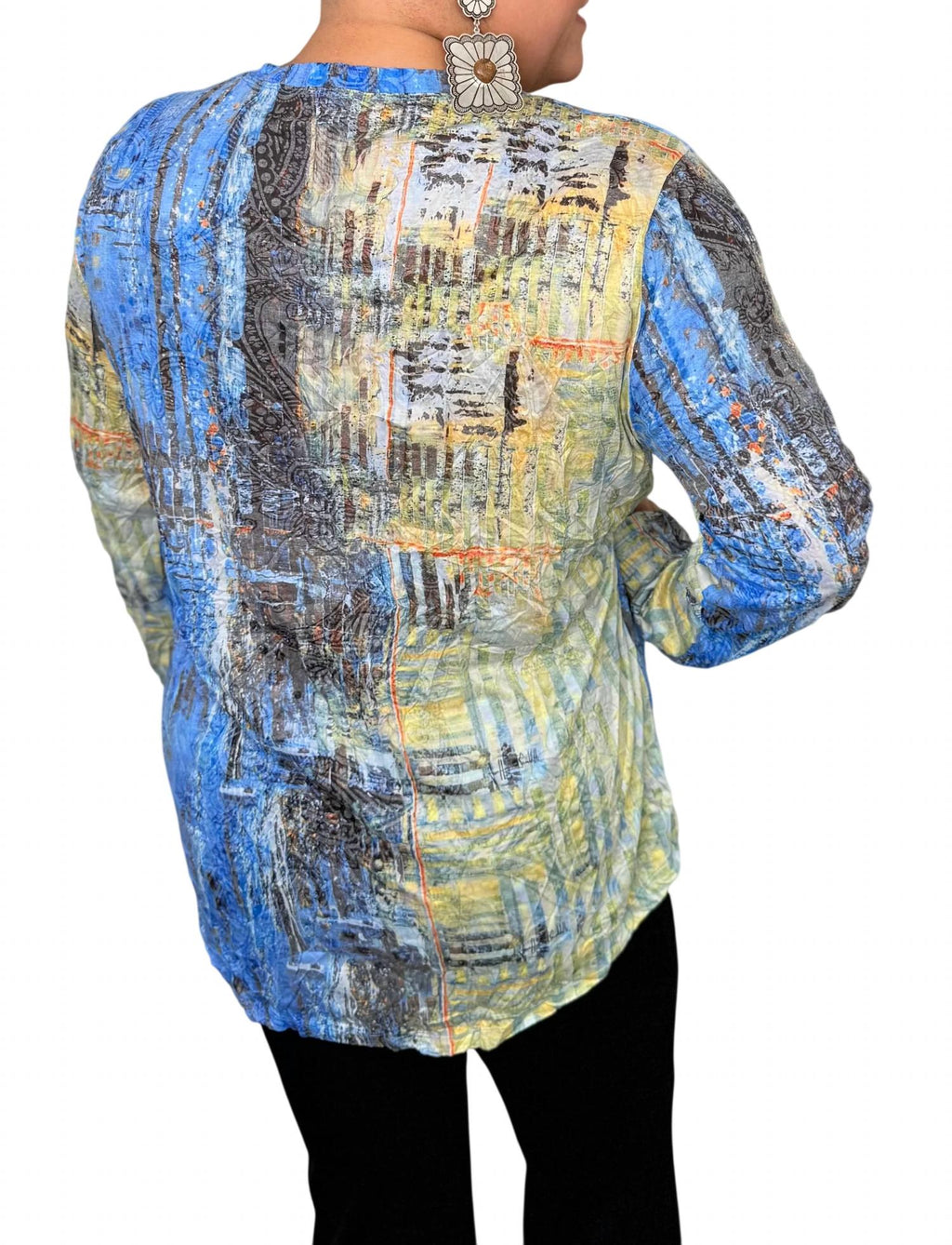 Long Sleeve Crinkle Tunic Top In Blue/multi