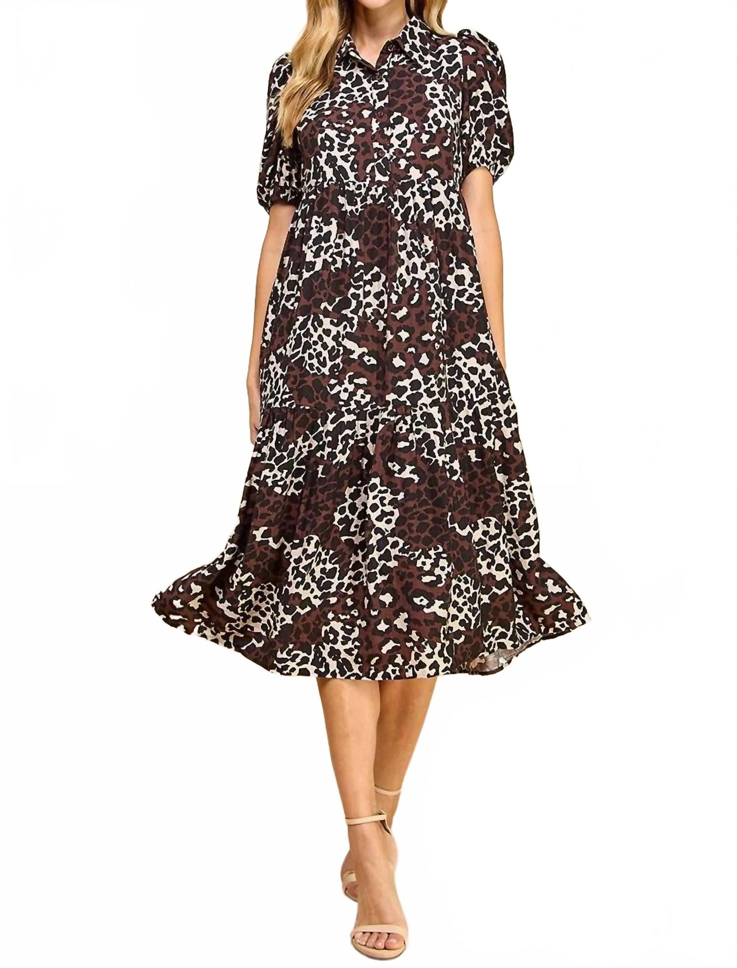 Collared Midi Shirt Dress In Beige/black