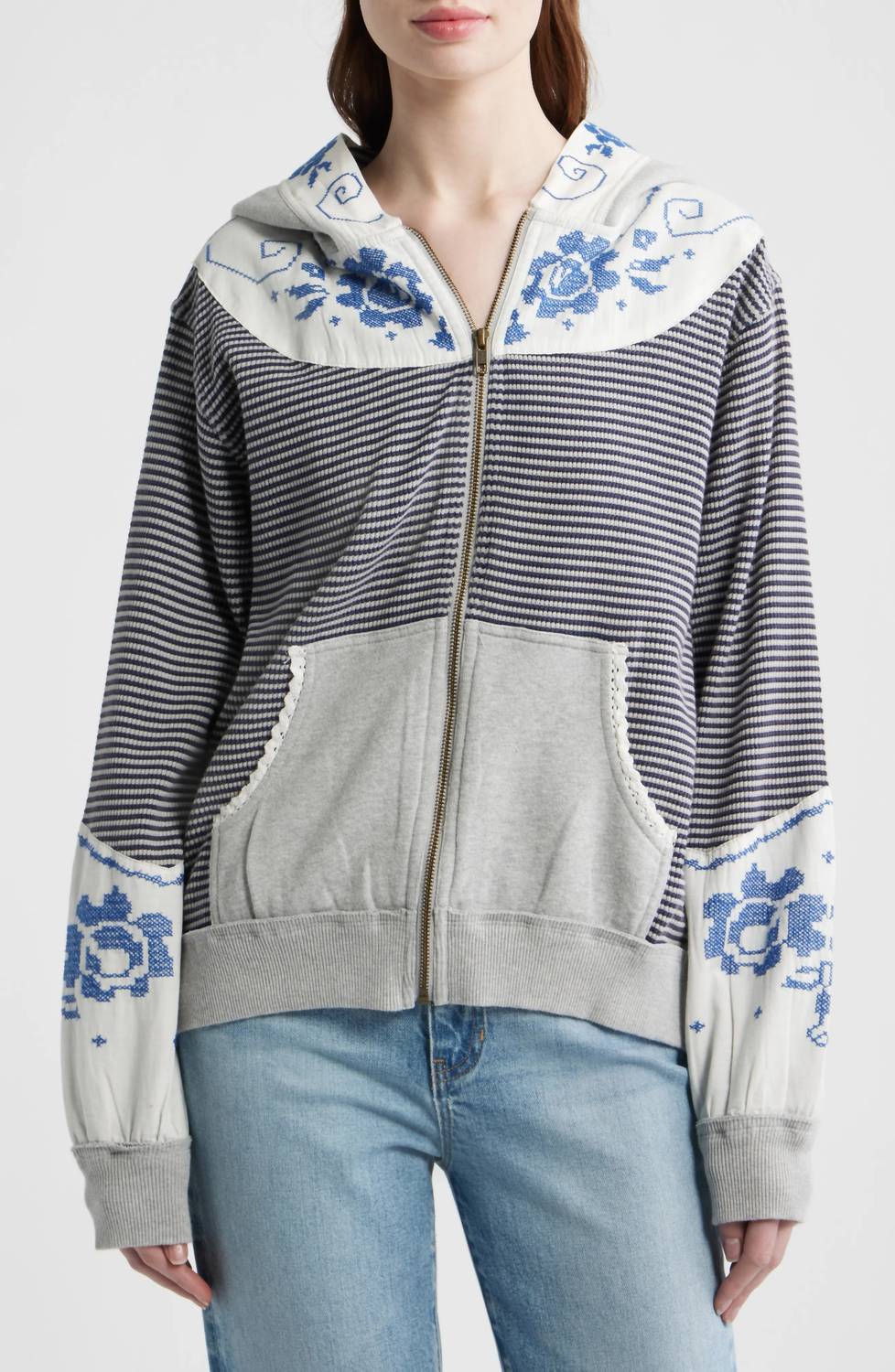 Lydia Mixed Media Zip-Up Hooded Sweater In Grey