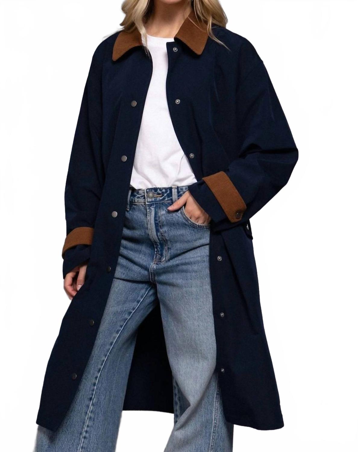 Long Sleeve Contrast Collar Button Down Trench Coat In Navy