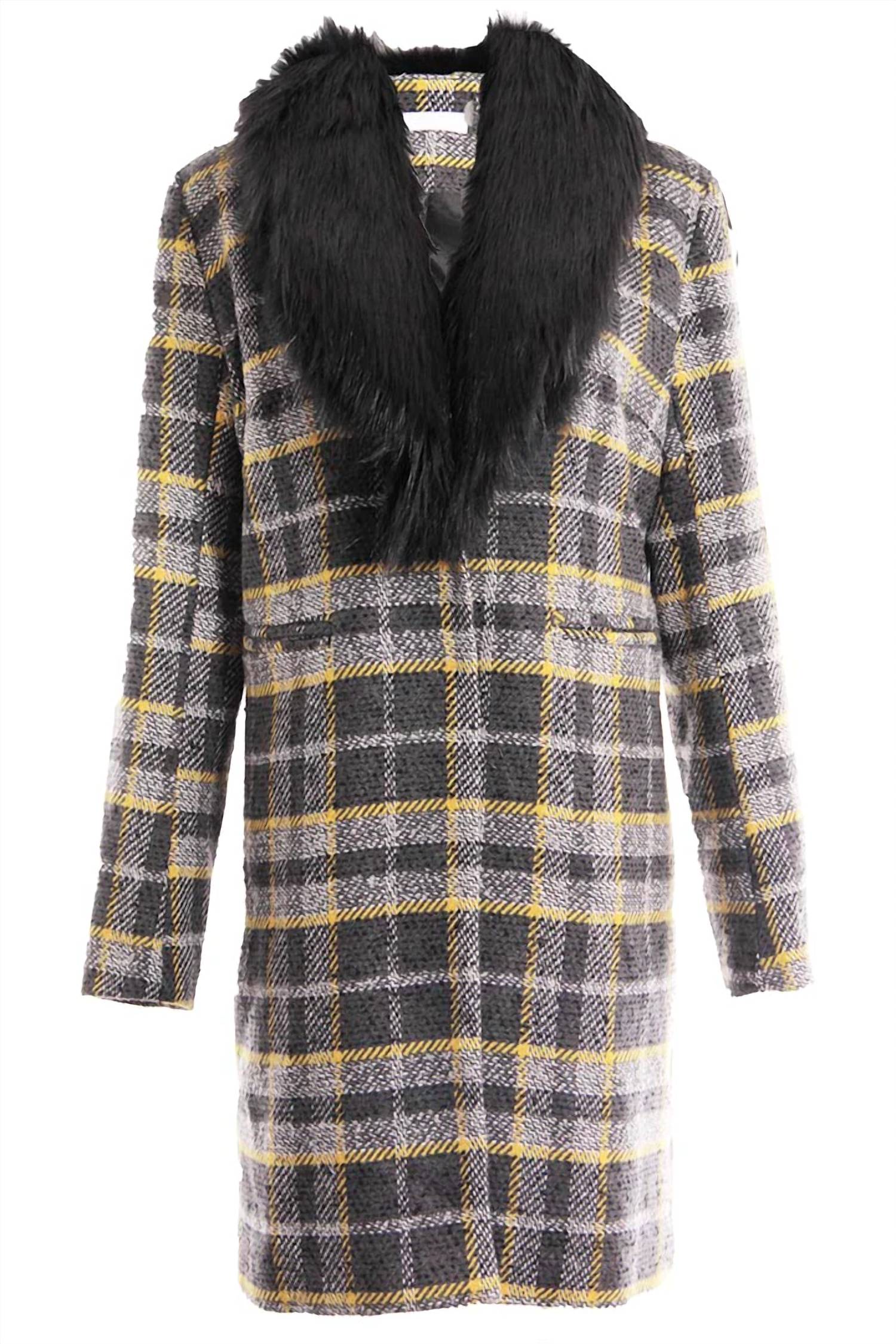 Long Plaid Coat With Detachable Fur Collar In Yellow/grey